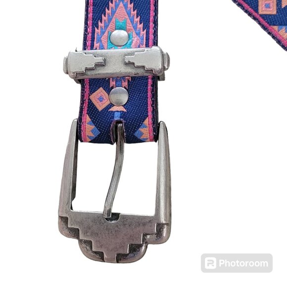 Nuovo Belt 36" Southwestern Design Rockabilly Cast Silver Buckle Vtg Blue Pink - Picture 4 of 11